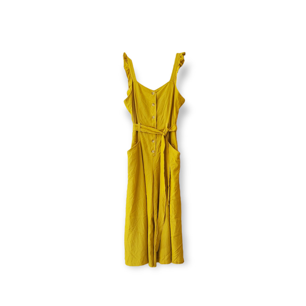 Bleecker 126 Mustard Yellow Ruffle Trim Button Front Cropped Wide Leg Jumpsuit